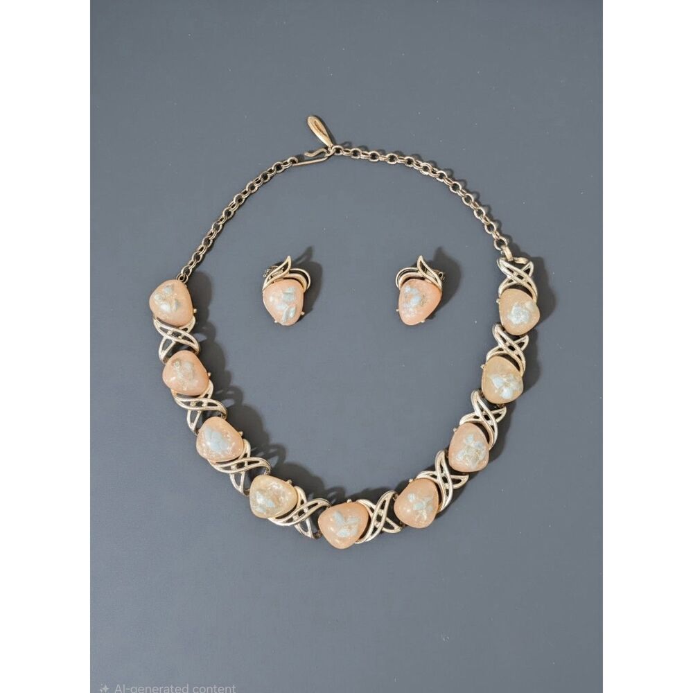 Vintage 1950s Peach Pink Thermoset Moonglow Choker Necklace & Earring Set